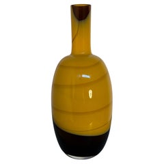 Yellow and Brown Art Glass Bottle Vase with Layered Color Decoration