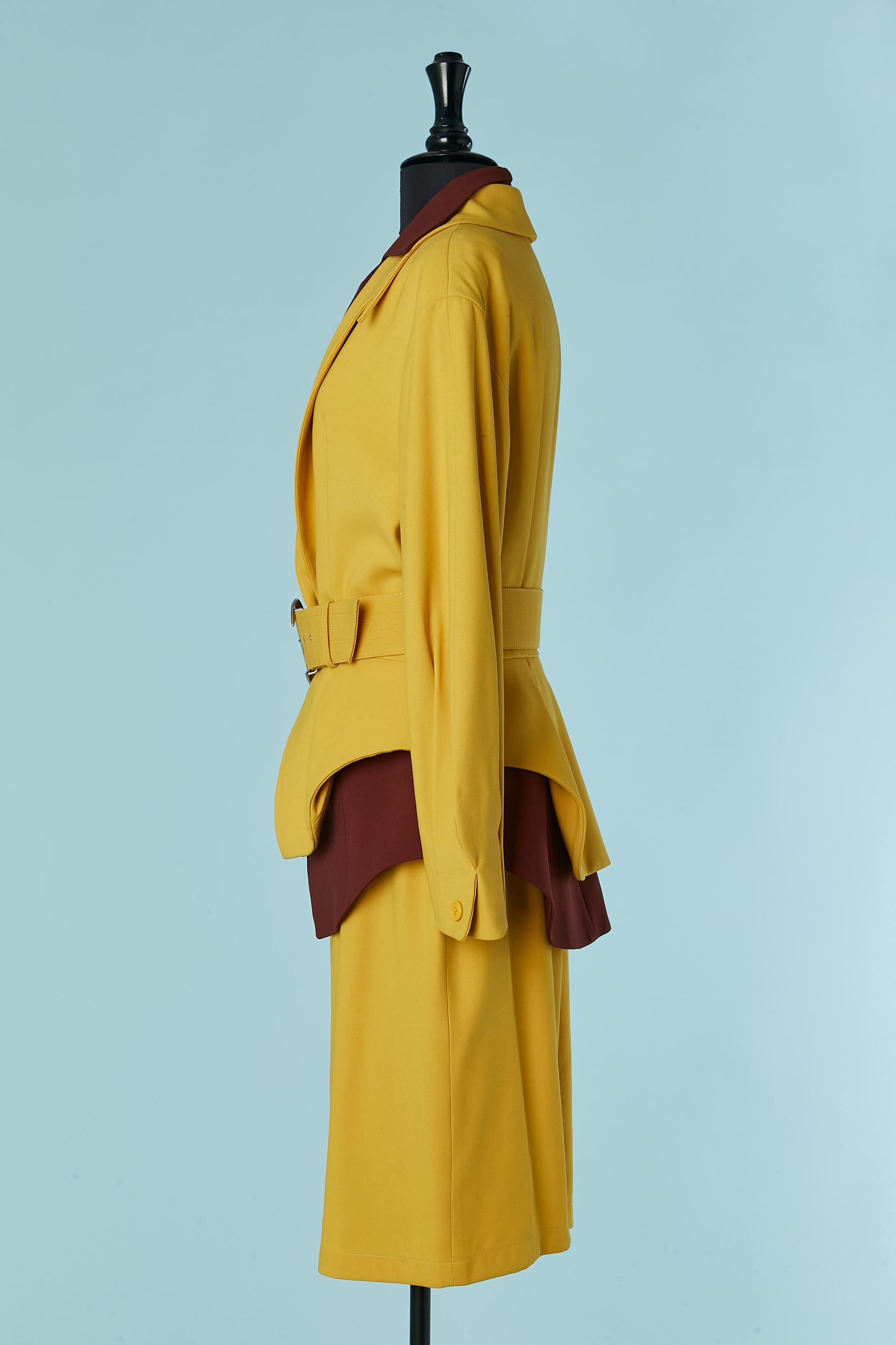 Yellow and brown skirt suit and double-jacket trompe l'oeil Thierry Mugler ACTIV For Sale 2