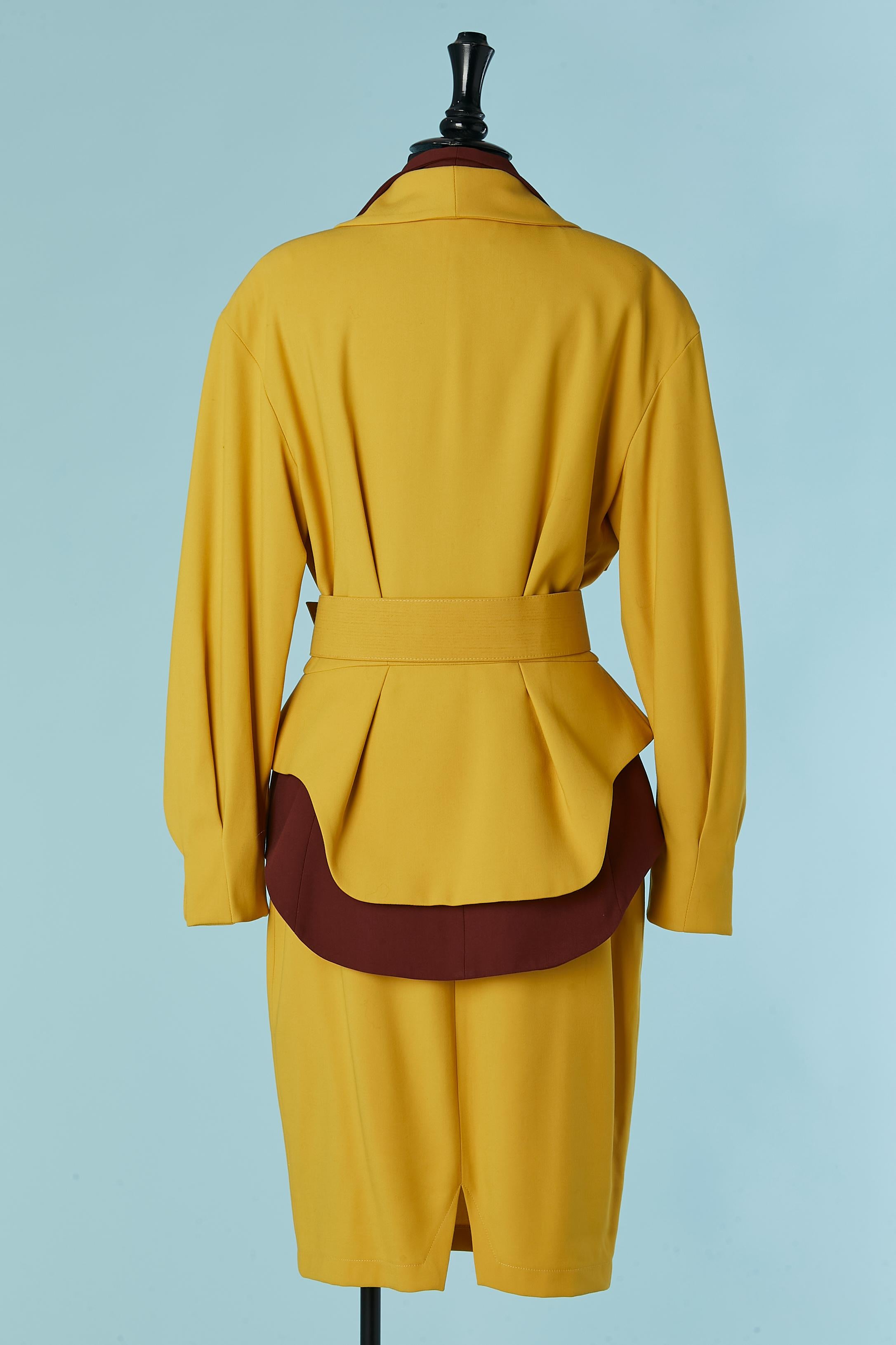 Yellow and brown skirt suit and double-jacket trompe l'oeil Thierry Mugler ACTIV For Sale 3