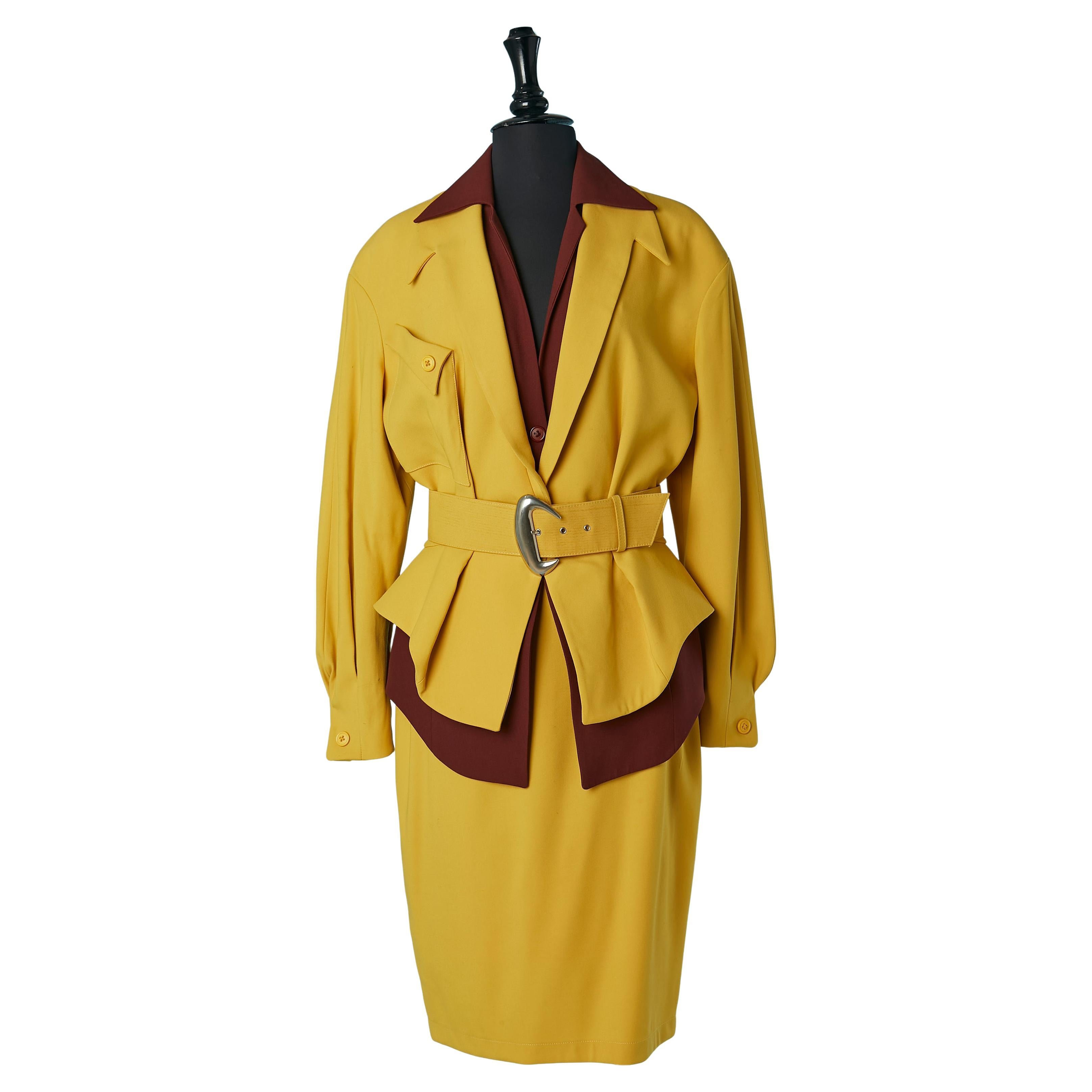 Yellow and brown skirt suit and double-jacket trompe l'oeil Thierry Mugler ACTIV For Sale