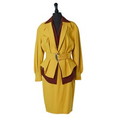 Tailleur giallo e marrone con gonna e doppia giacca trompe l'Oeil Thierry Mugler ACTIV