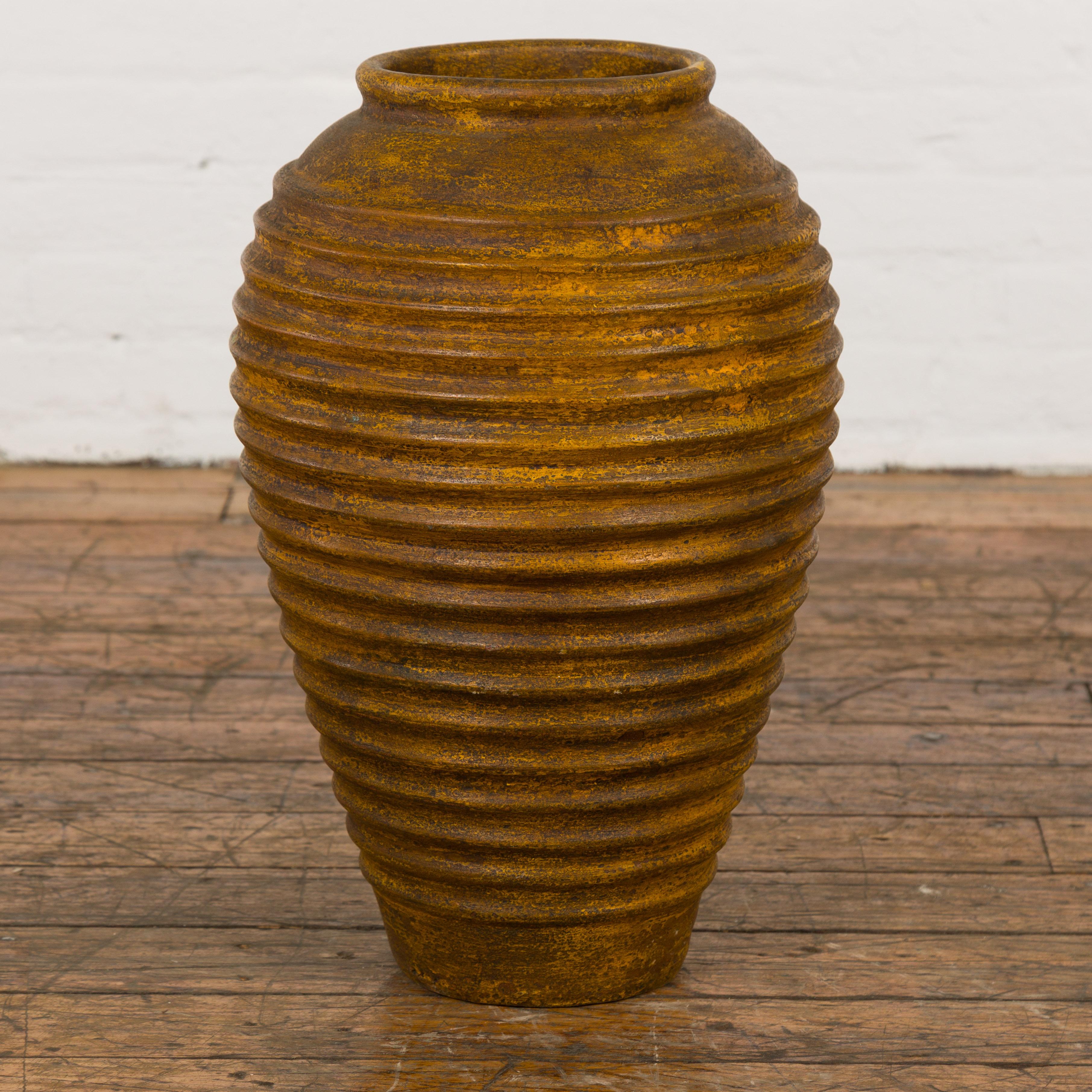 Thai Yellow and Brown Storage Vase with Concentric Design and Rustic Character
