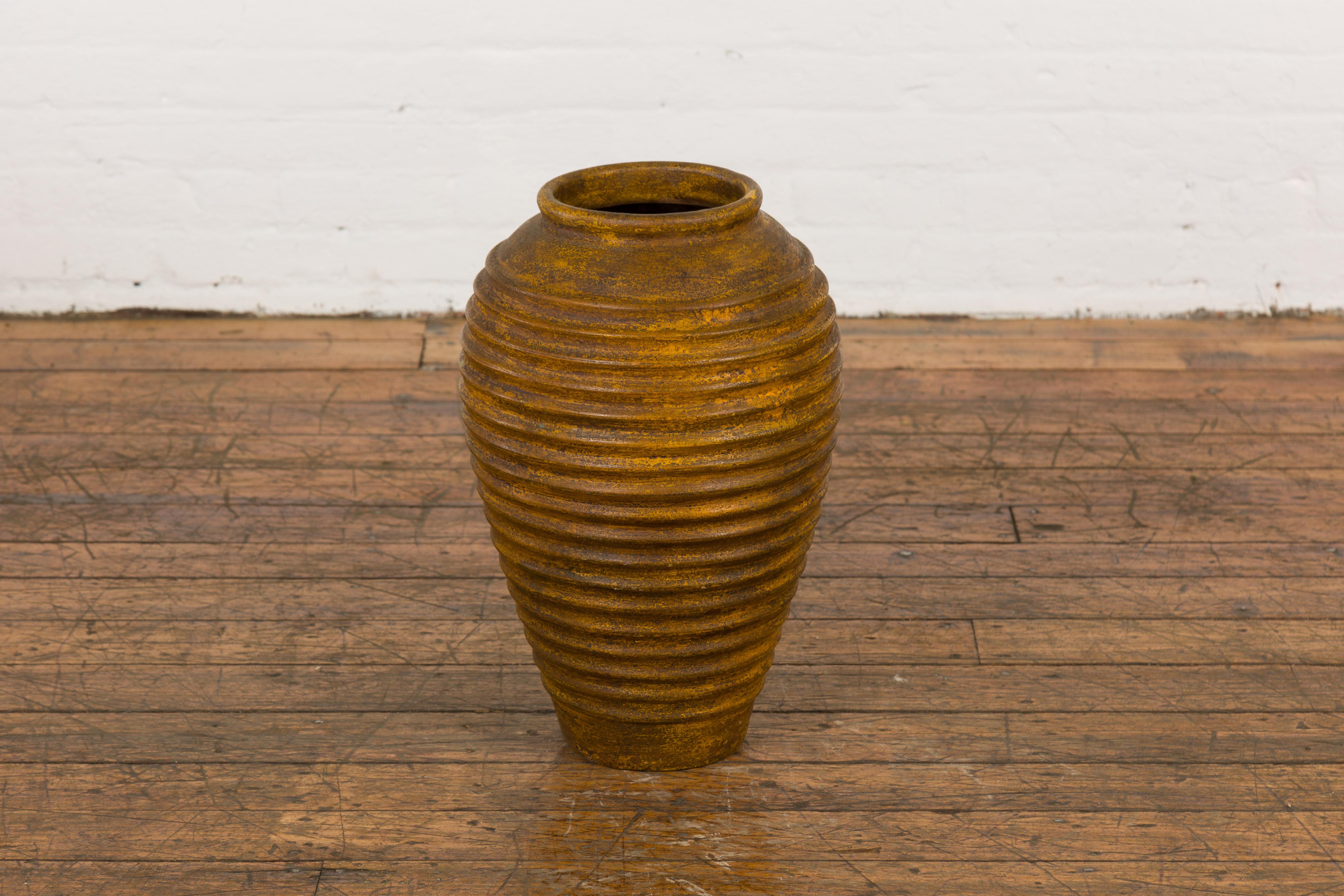 Yellow and Brown Storage Vase with Concentric Design and Rustic Character In Good Condition In Yonkers, NY
