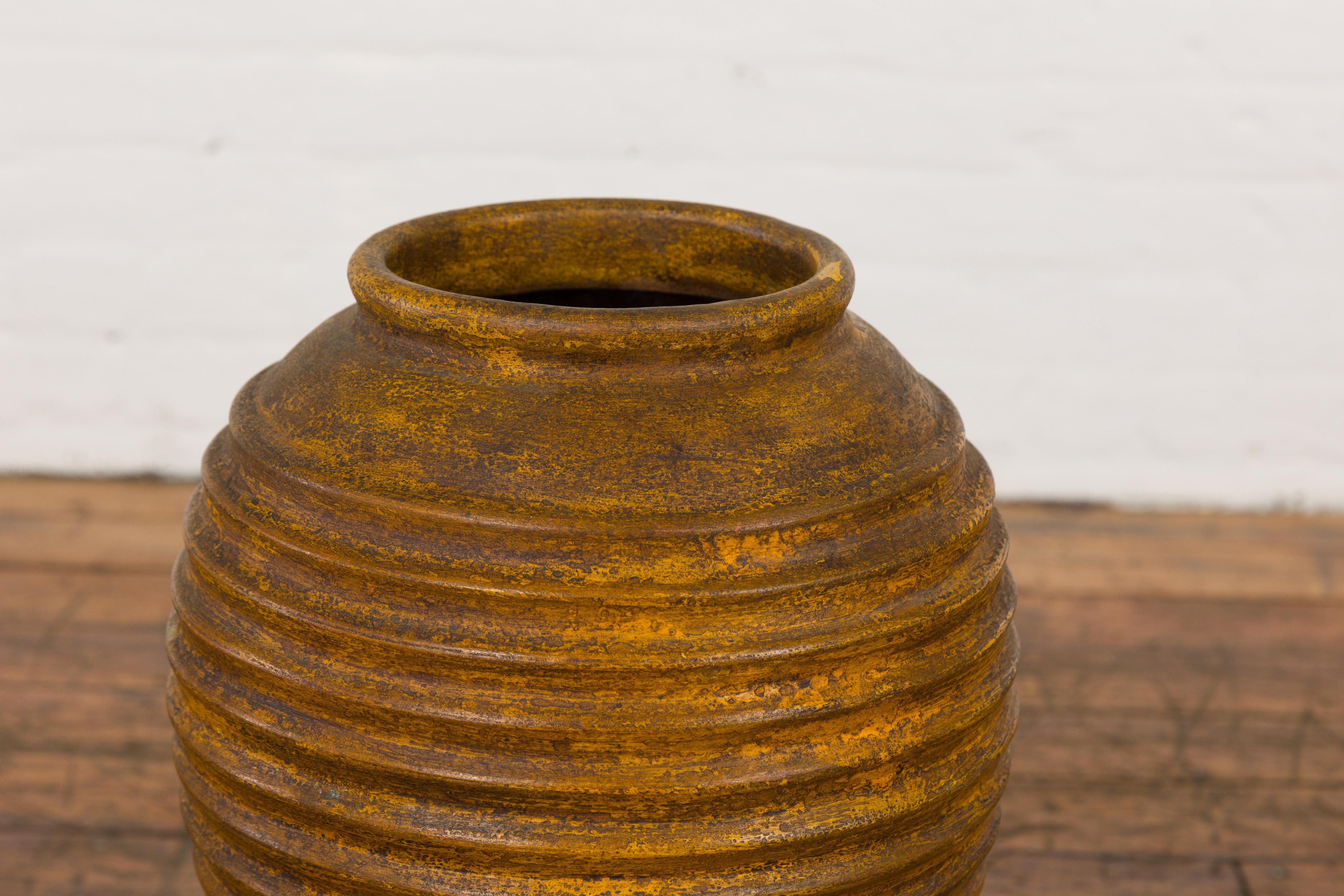 20th Century Yellow and Brown Storage Vase with Concentric Design and Rustic Character