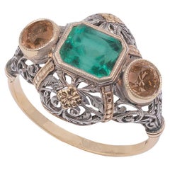 Yellow and Burnished Gold with Emerald and Brown Diamonds Ring