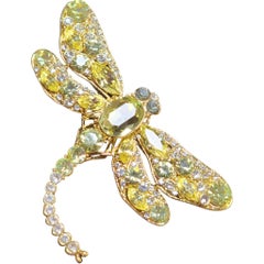 Yellow and Clear Rhinestone Dragonfly Brooch in Gold-Tone Setting