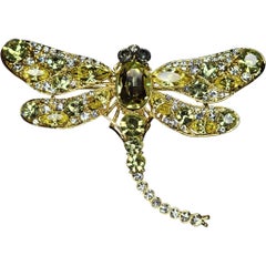 Yellow and Clear Rhinestone Dragonfly Brooch in Gold-Tone Setting