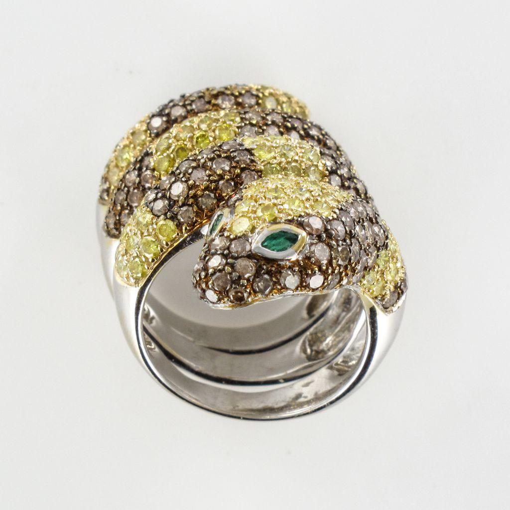 Yellow and Cognac Diamond Emerald Gold Snake Ring 4