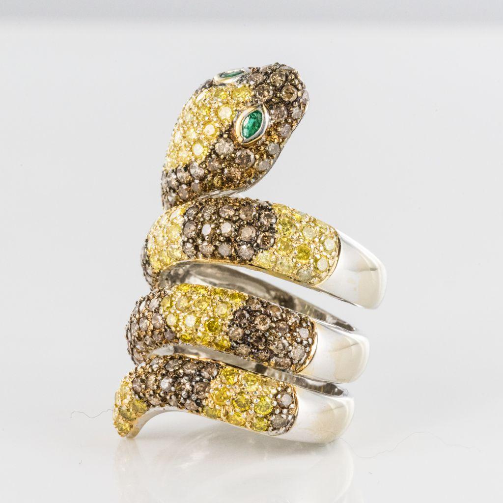 Yellow and Cognac Diamond Emerald Gold Snake Ring 5