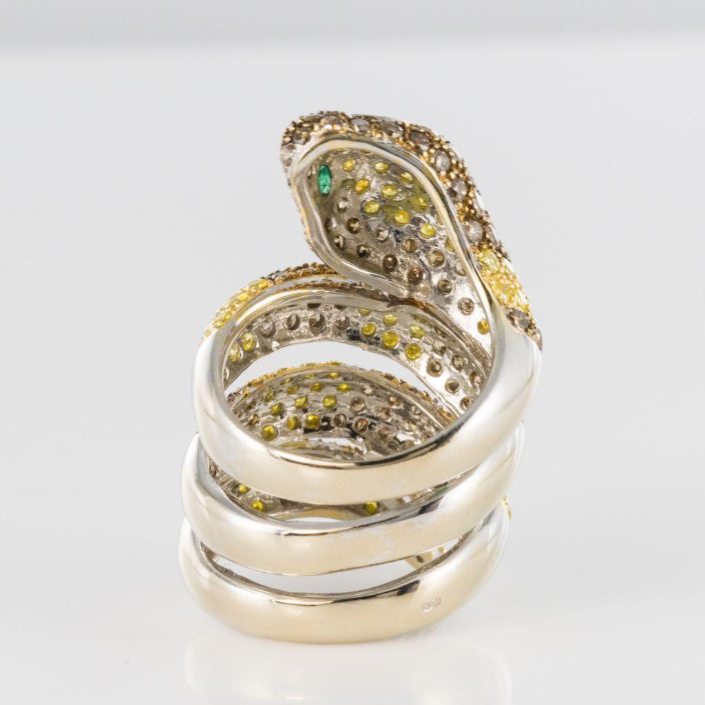 Yellow and Cognac Diamond Emerald Gold Snake Ring 6