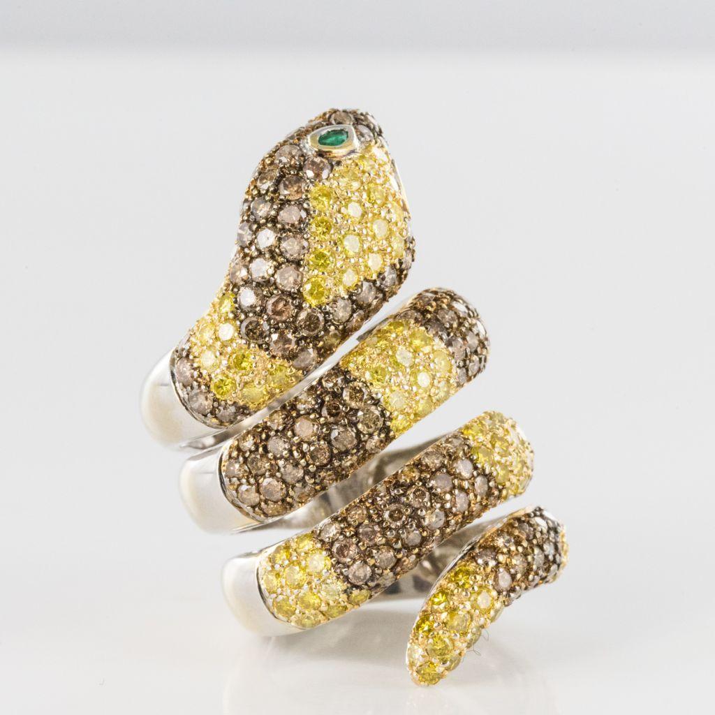 Yellow and Cognac Diamond Emerald Gold Snake Ring 8