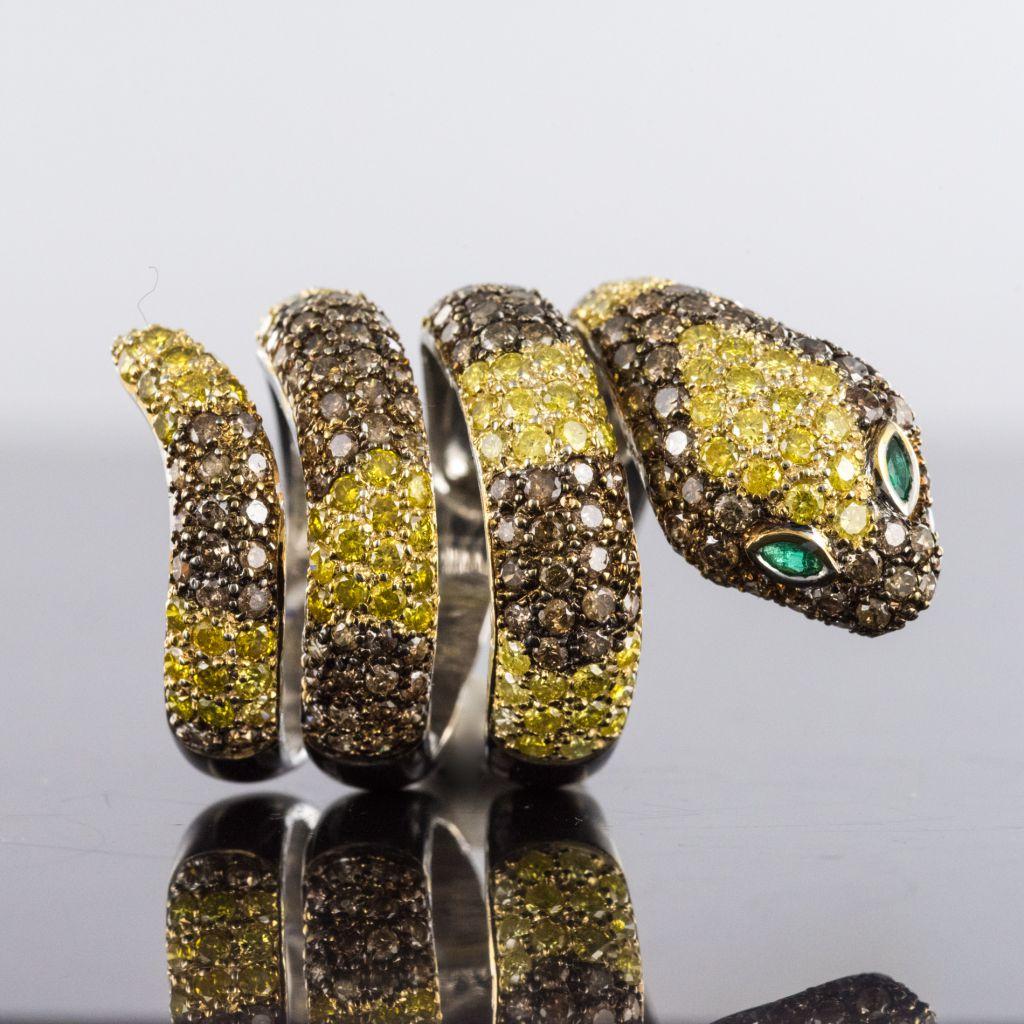 French Cut Yellow and Cognac Diamond Emerald Gold Snake Ring