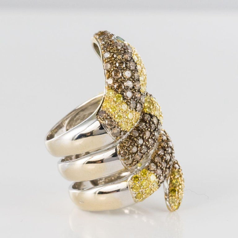 Yellow and Cognac Diamond Emerald Gold Snake Ring at 1stDibs