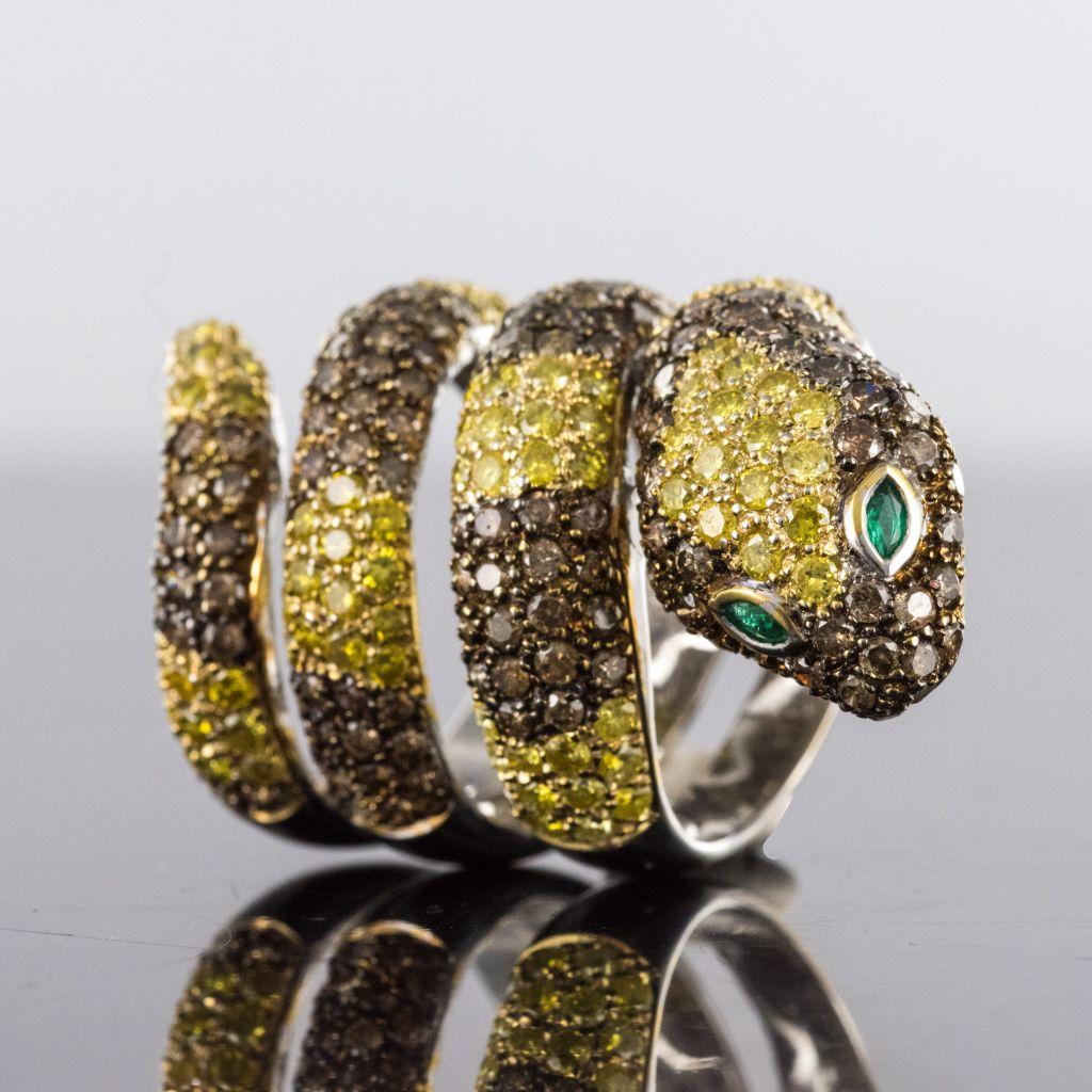 Yellow and Cognac Diamond Emerald Gold Snake Ring 2