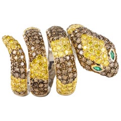 Yellow and Cognac Diamond Emerald Gold Snake Ring