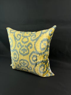 Yellow and Gray Design Velvet Silk Ikat Pillow Cover