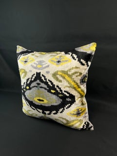Yellow and Gray Velvet Silk Ikat Pillow Cover