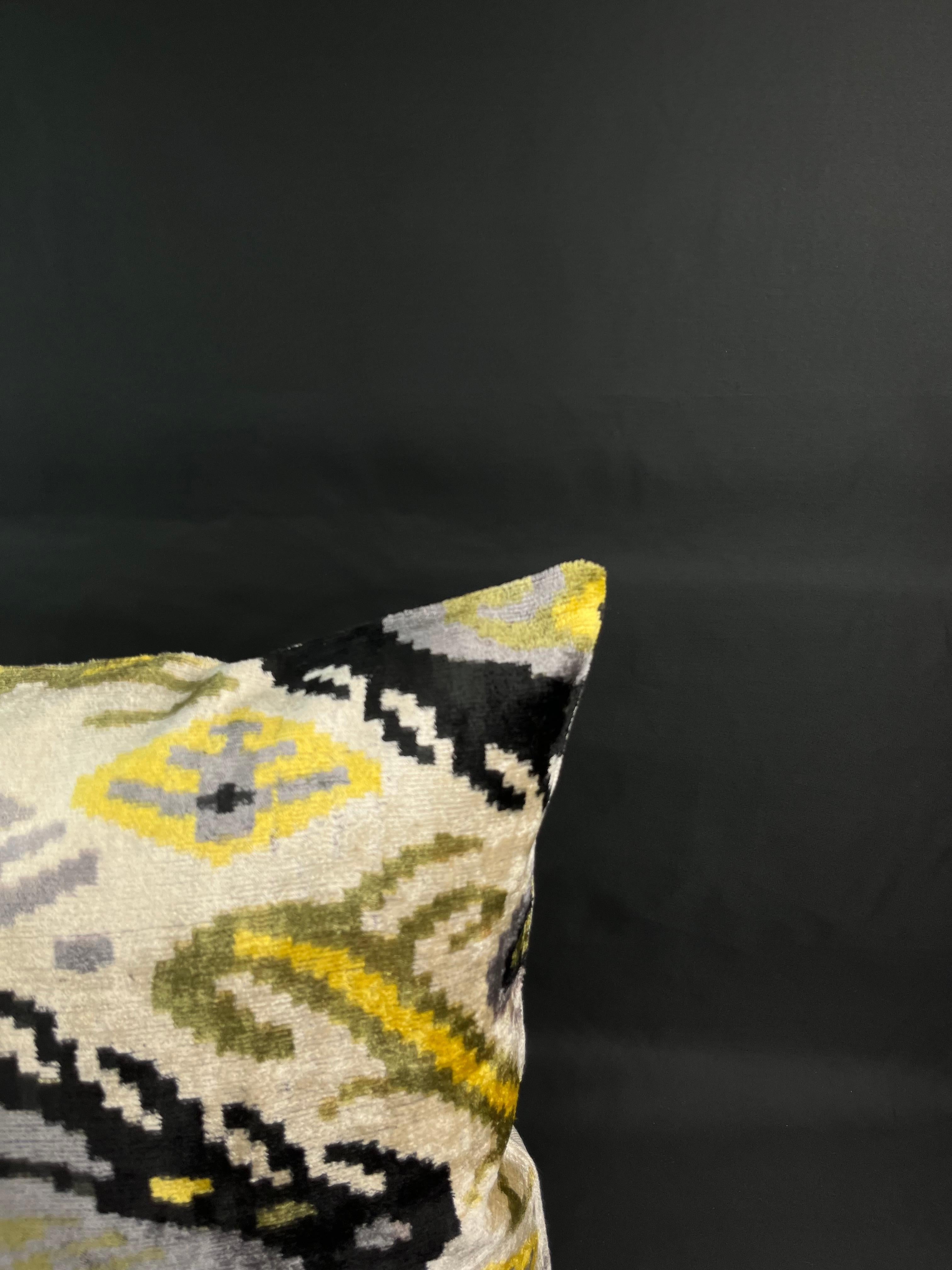 Modern Yellow and Gray Velvet Silk Ikat Pillow Cover