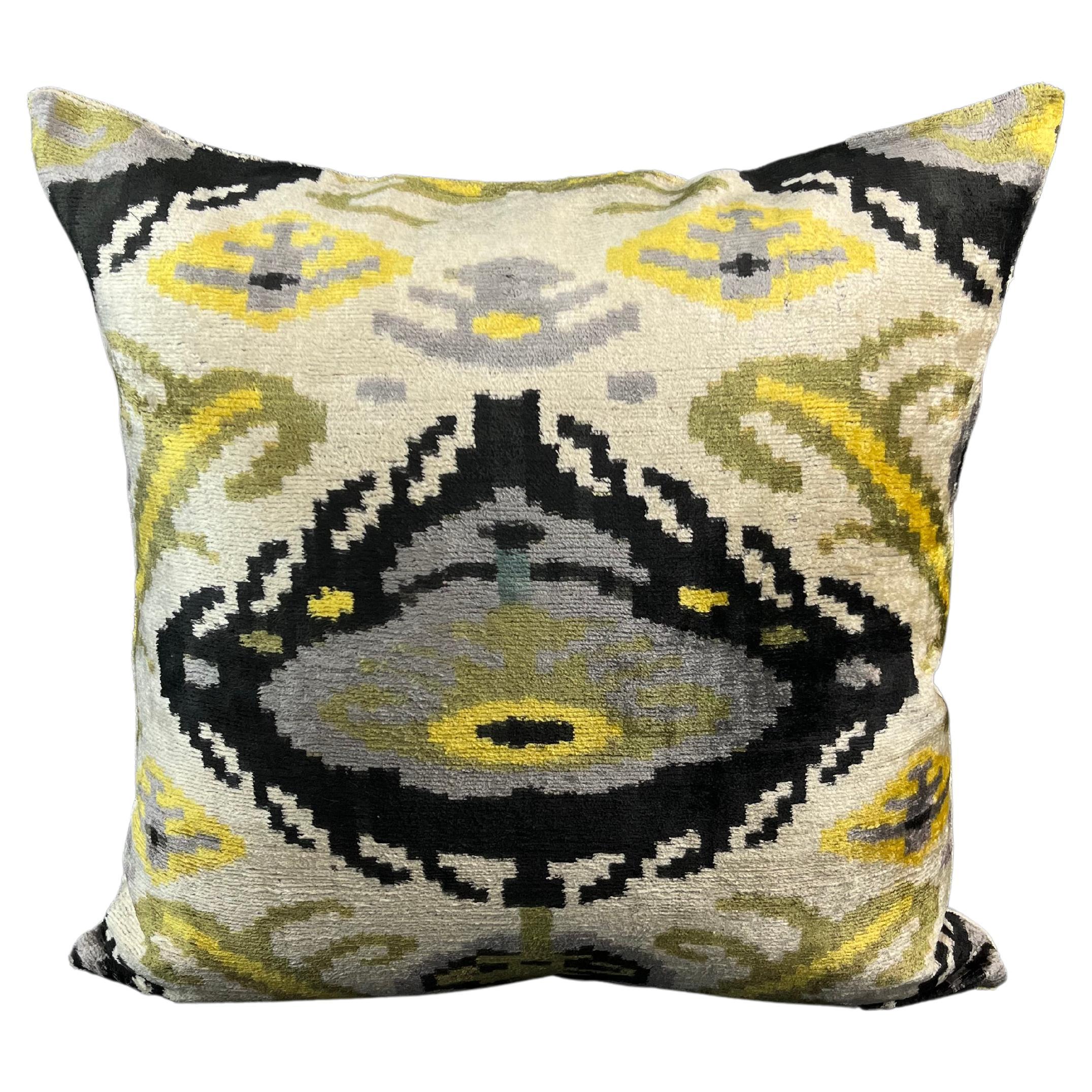 Gray Velvet Silk Ikat Pillow Cover For Sale at 1stDibs
