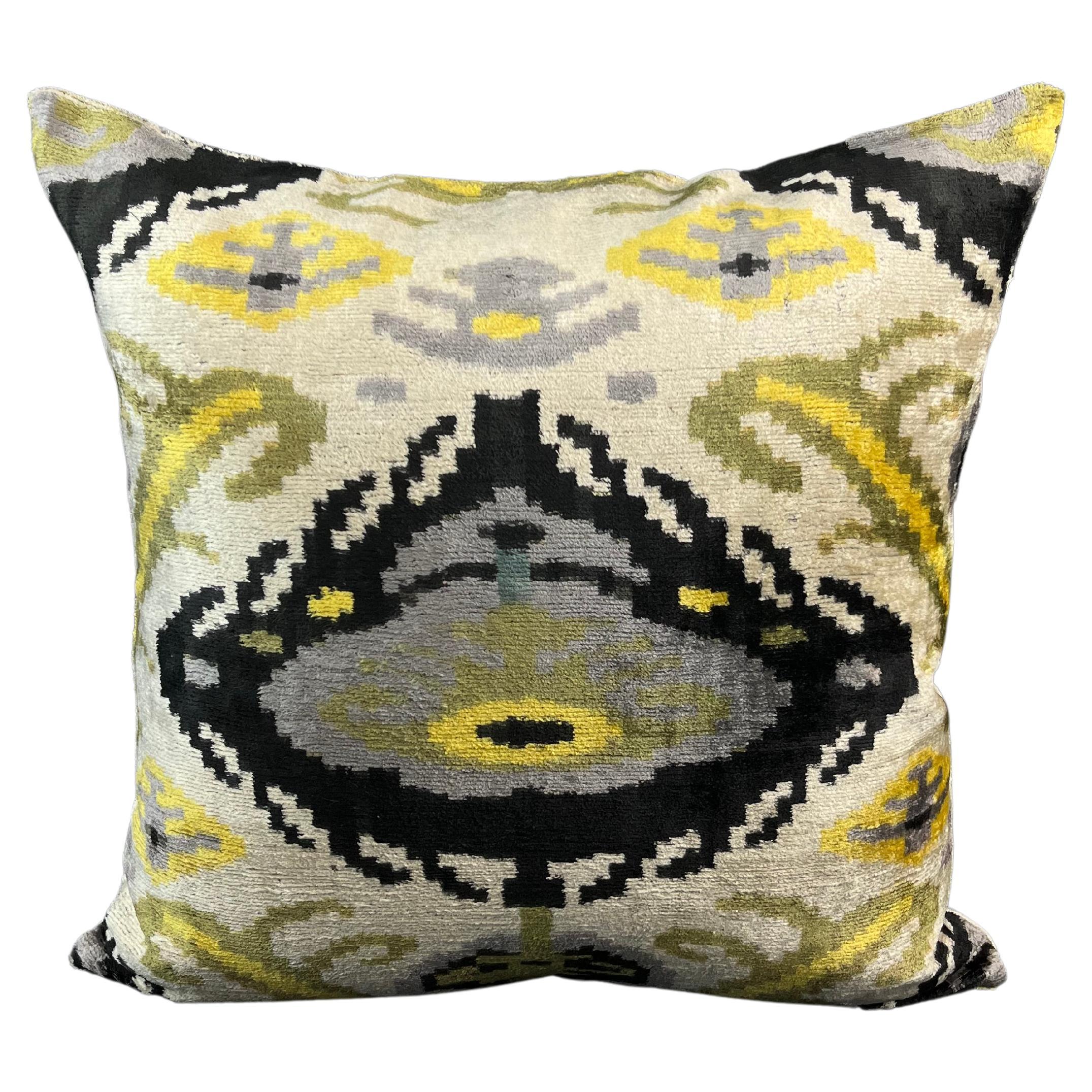 Yellow and Gray Velvet Silk Ikat Pillow Cover