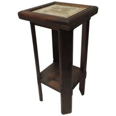 Antique Yellow and Green Arts & Crafts Square Tile Top Wood Side Table