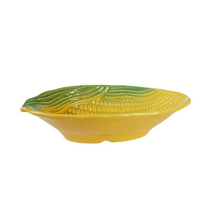 Mid-Century Modern Yellow and Green Ceramic Corn King Corn Husk Serving Bowls, Set of 4 For Sale