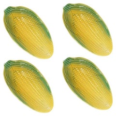 Vintage Yellow and Green Ceramic Corn King Corn Husk Serving Bowls, Set of 4