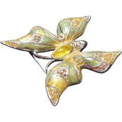 Yellow and Green Enamel Crystal Butterfly Brooch with Cabochon Center