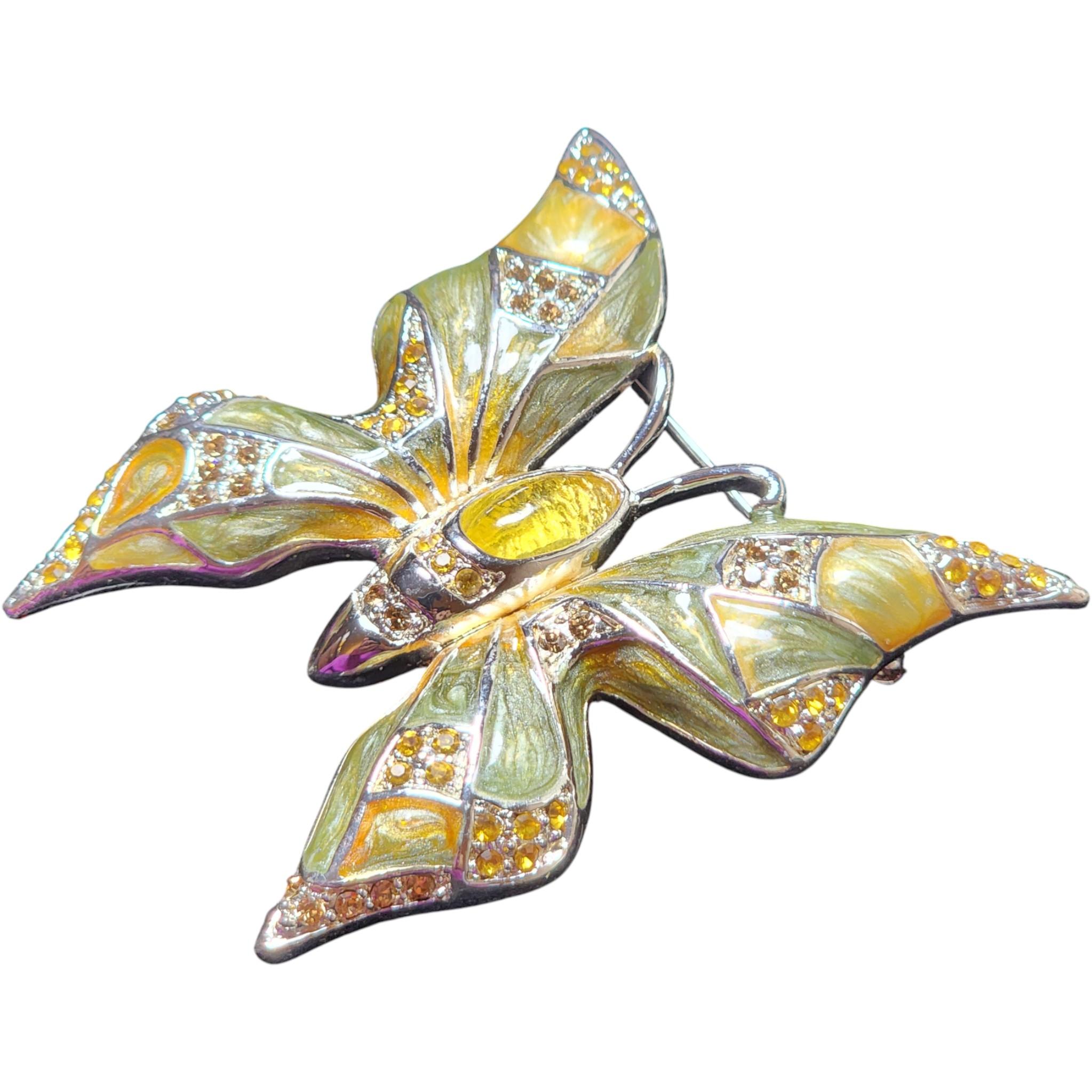 Gelbe und grüne Emaille Kristall Schmetterling Brosche mit Cabochon Zentrum (Retro) im Angebot