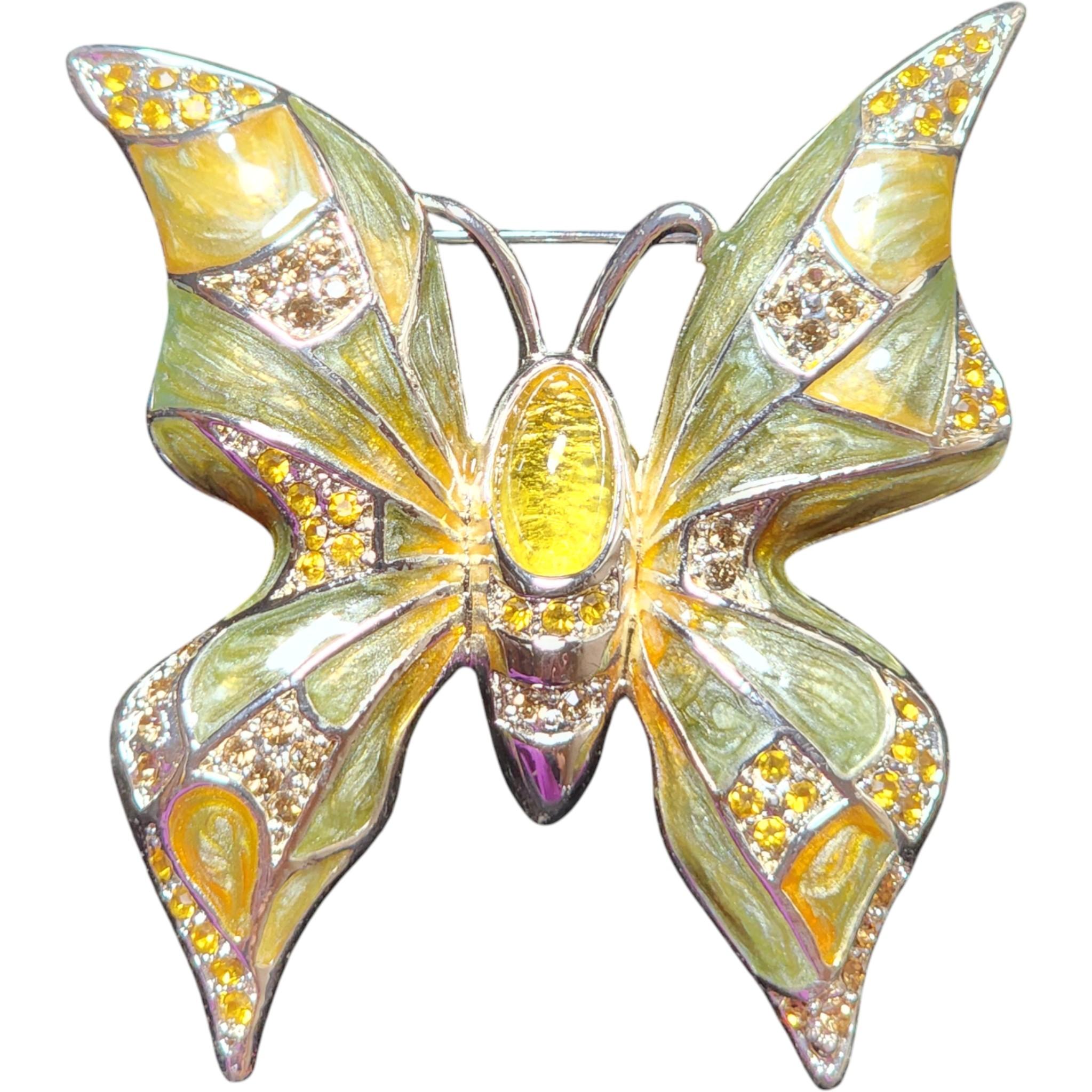 Gelbe und grüne Emaille Kristall Schmetterling Brosche mit Cabochon Zentrum