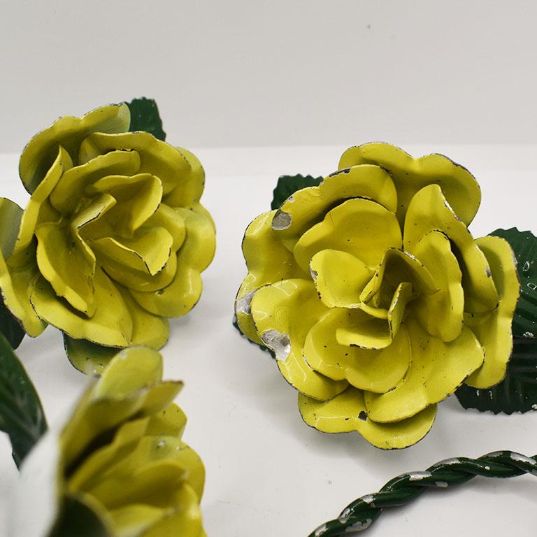 Bohemian Yellow and Green Metal Tole Floral Motif Napkin Rings, Set of 8