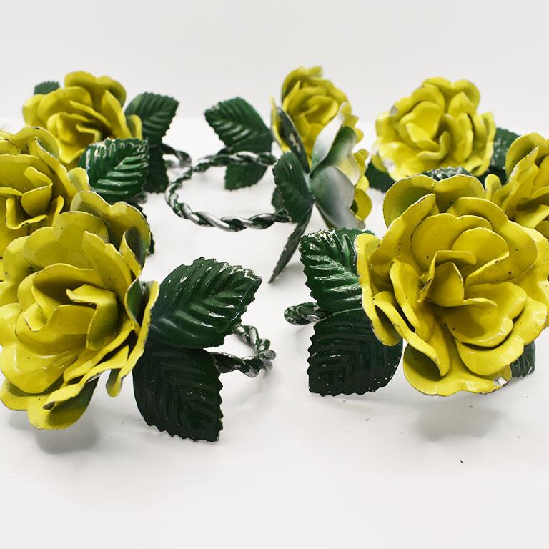 Yellow and Green Metal Tole Floral Motif Napkin Rings, Set of 8 In Good Condition In Oklahoma City, OK