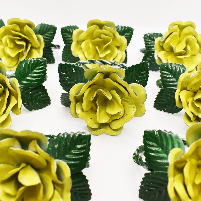 20th Century Yellow and Green Metal Tole Floral Motif Napkin Rings, Set of 8