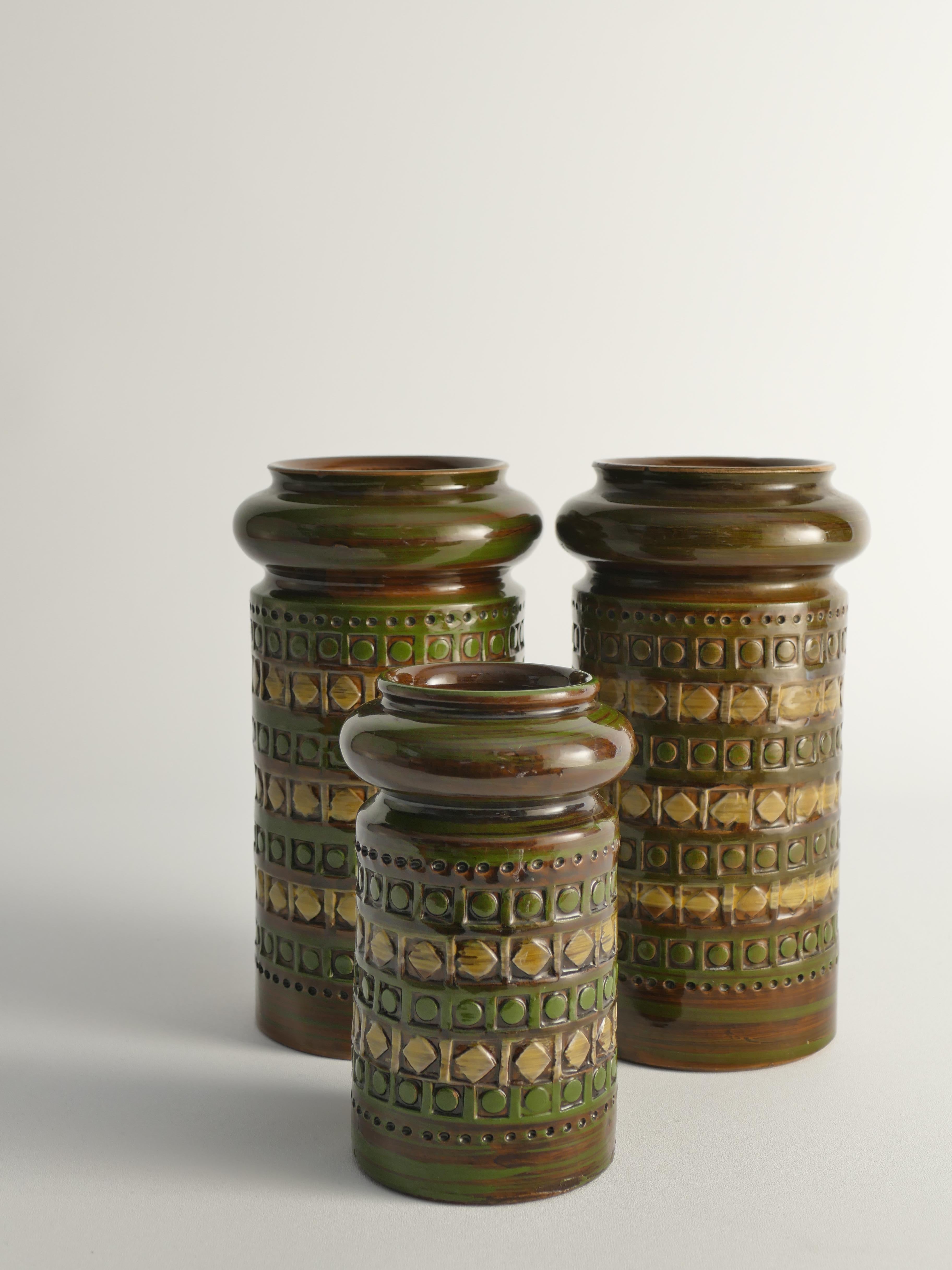Mid-Century Modern Vases en grès jaune et vert d'Aldo Londi pour Bitossi, Italie, lot de 3 en vente