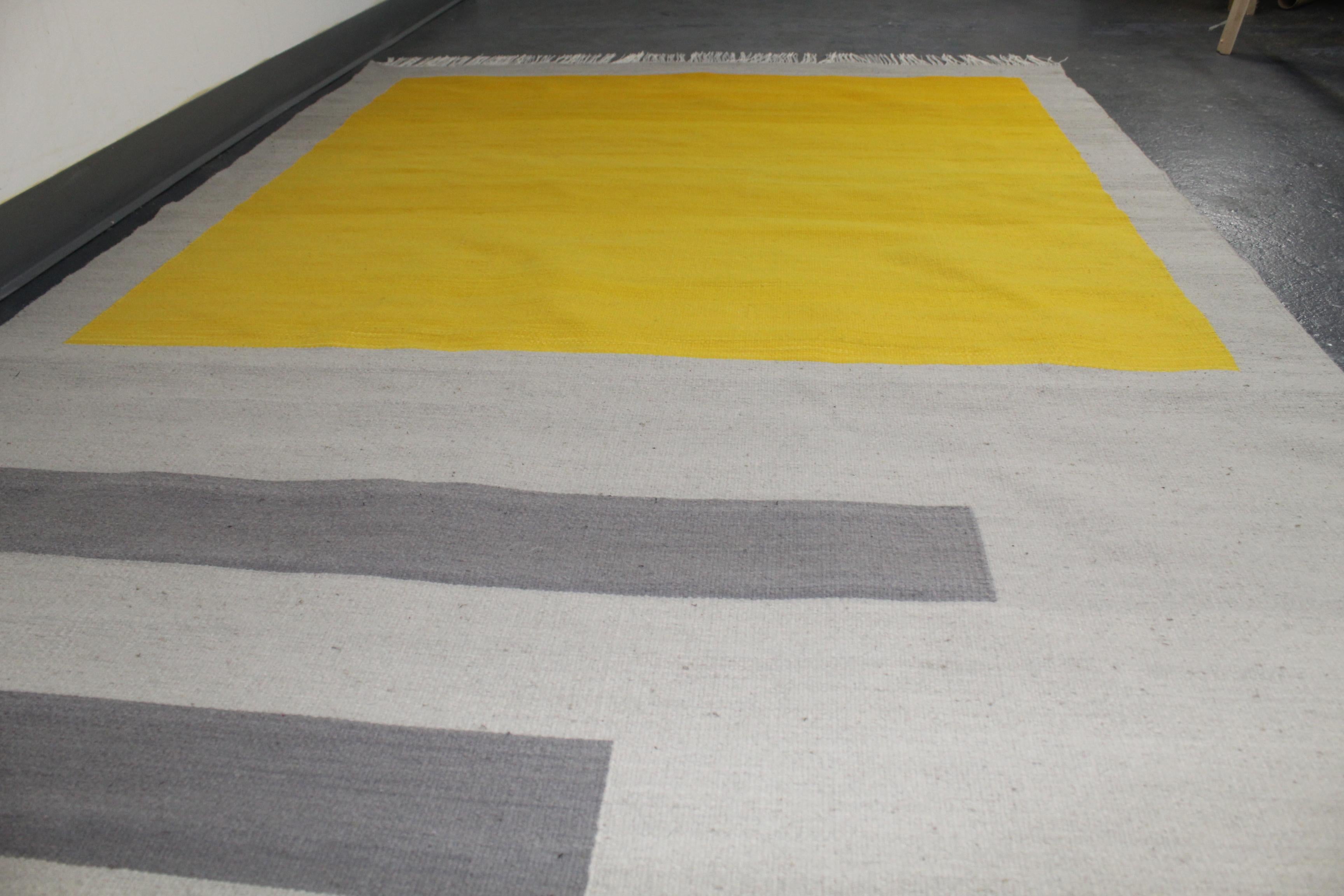 Bespoke Yellow and Grey Wool Handwoven Rug or Kilim, Natural Dye For Sale 2
