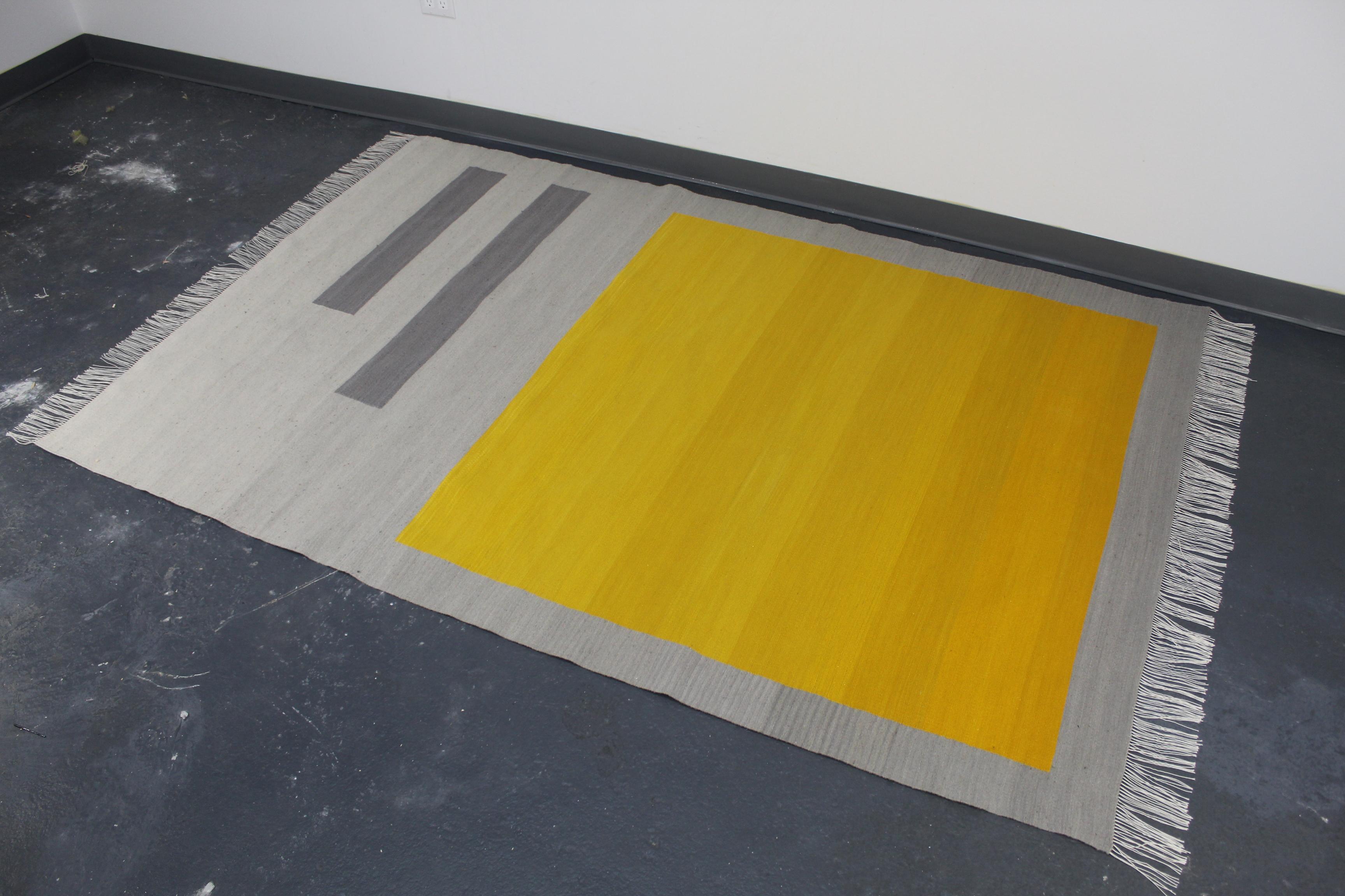 Contemporary Bespoke Yellow and Grey Wool Handwoven Rug or Kilim, Natural Dye For Sale