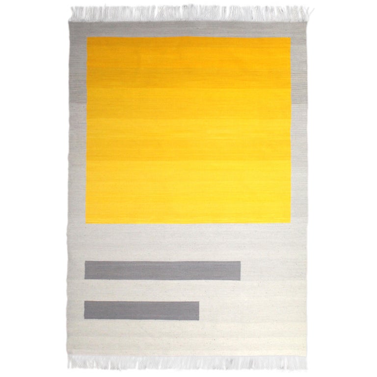 Bespoke Yellow and Grey Wool Handwoven Rug or Kilim, Natural Dye For Sale