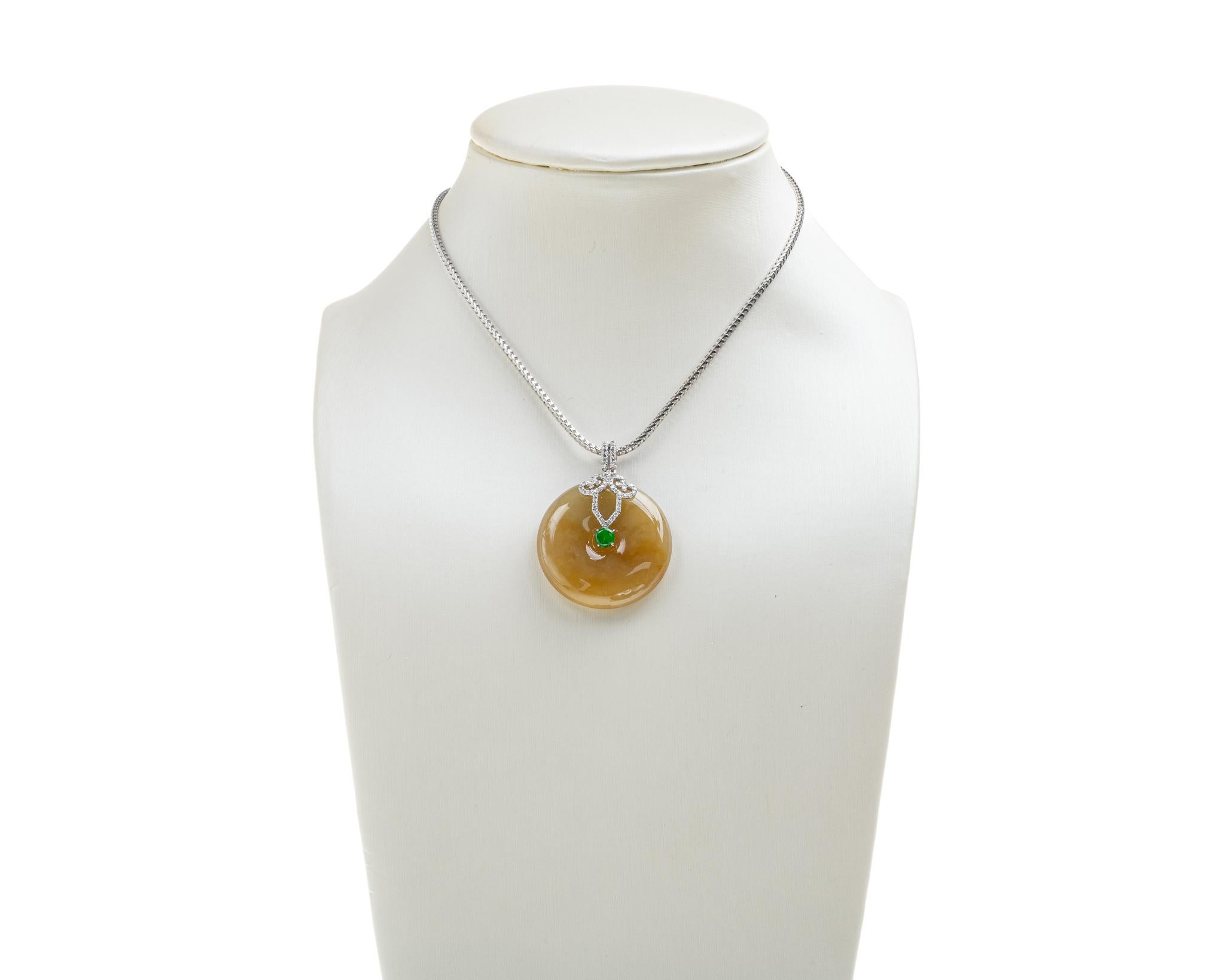 Contemporary Yellow and Imperial Green Jadeite Jade and Diamond Pendant, Certified Untreated