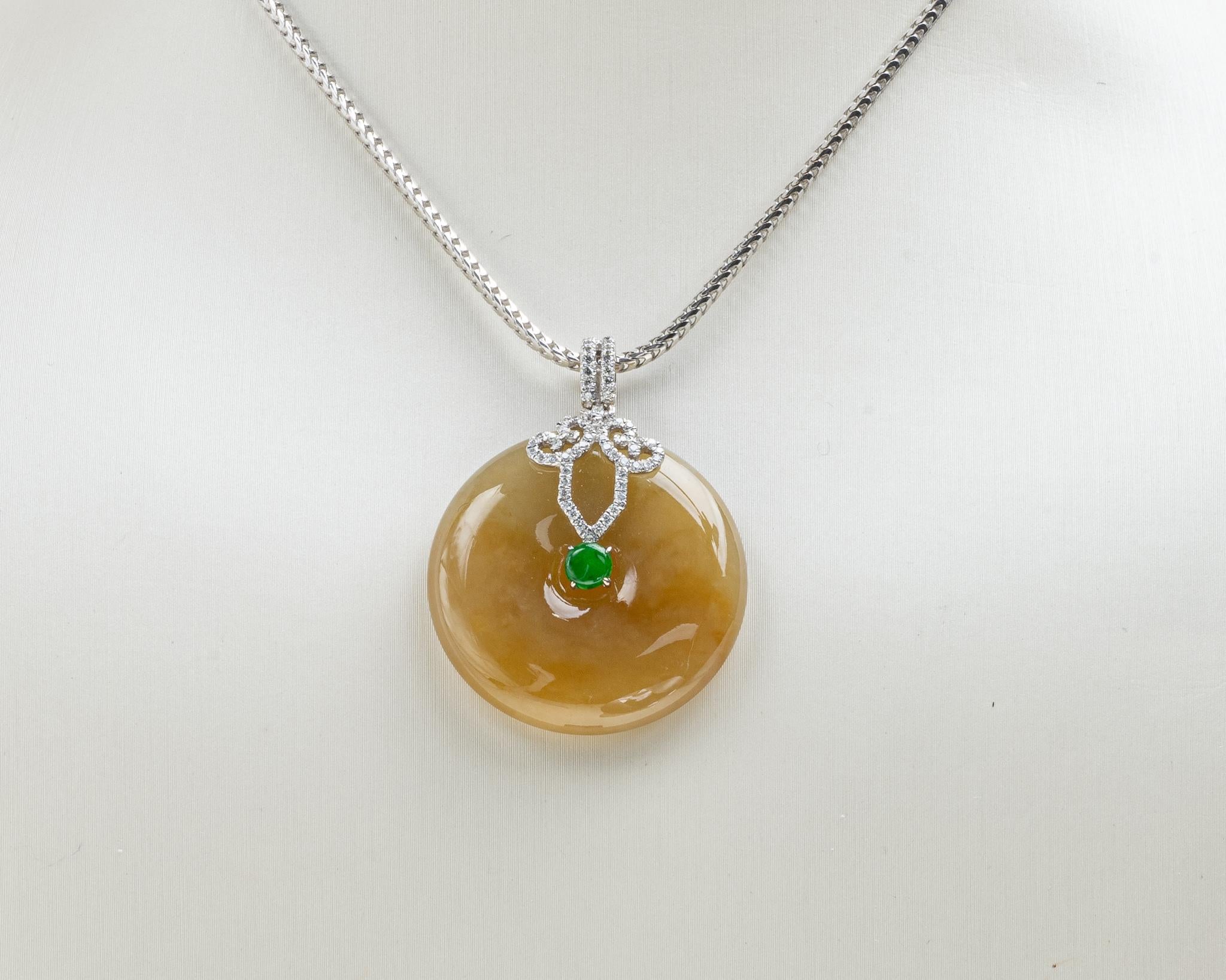 Rough Cut Yellow and Imperial Green Jadeite Jade and Diamond Pendant, Certified Untreated