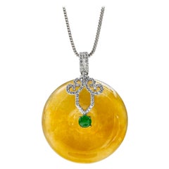 Yellow and Imperial Green Jadeite Jade and Diamond Pendant, Certified Untreated