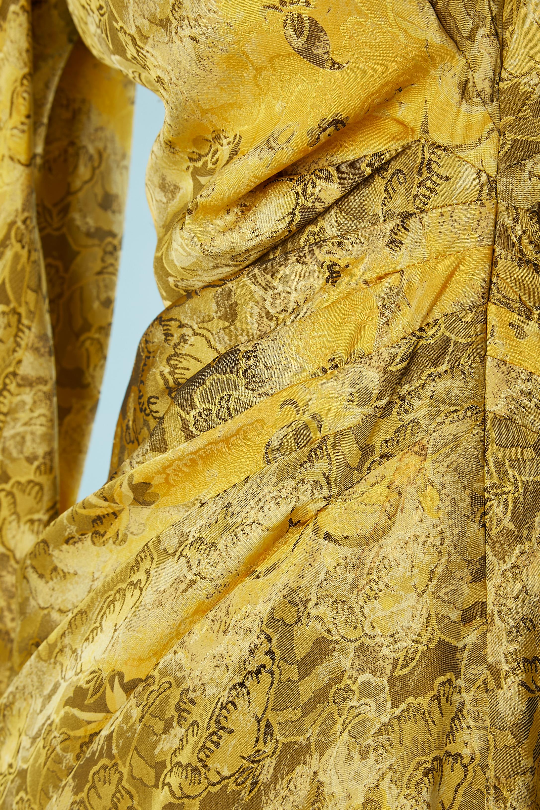 Yellow and kaki silk jacquard drape cocktail dress Emanuel Ungaro In Excellent Condition For Sale In Saint-Ouen-Sur-Seine, FR