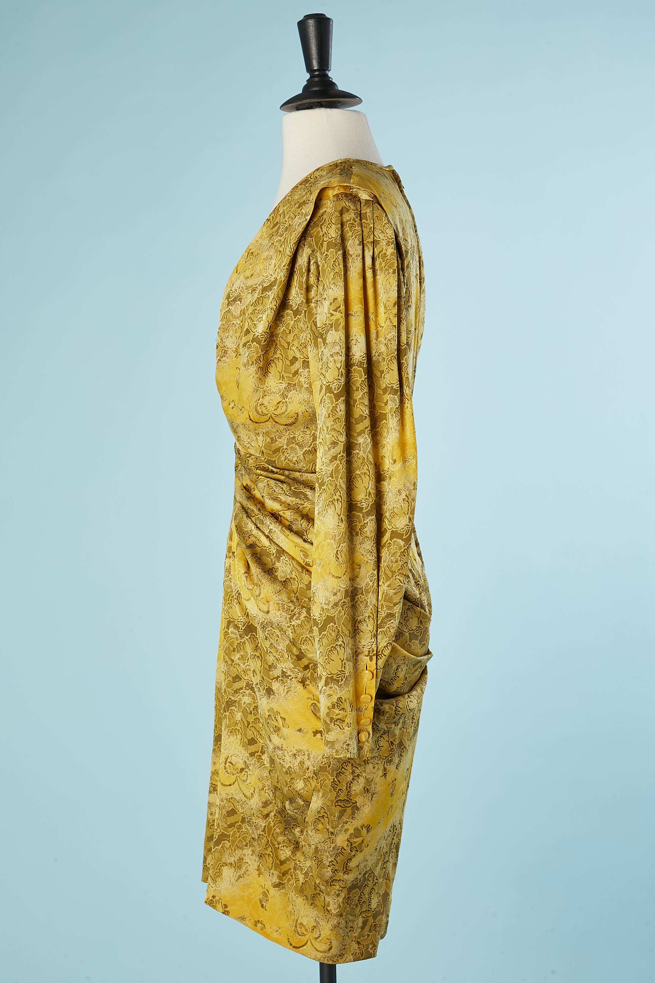Women's Yellow and kaki silk jacquard drape cocktail dress Emanuel Ungaro For Sale