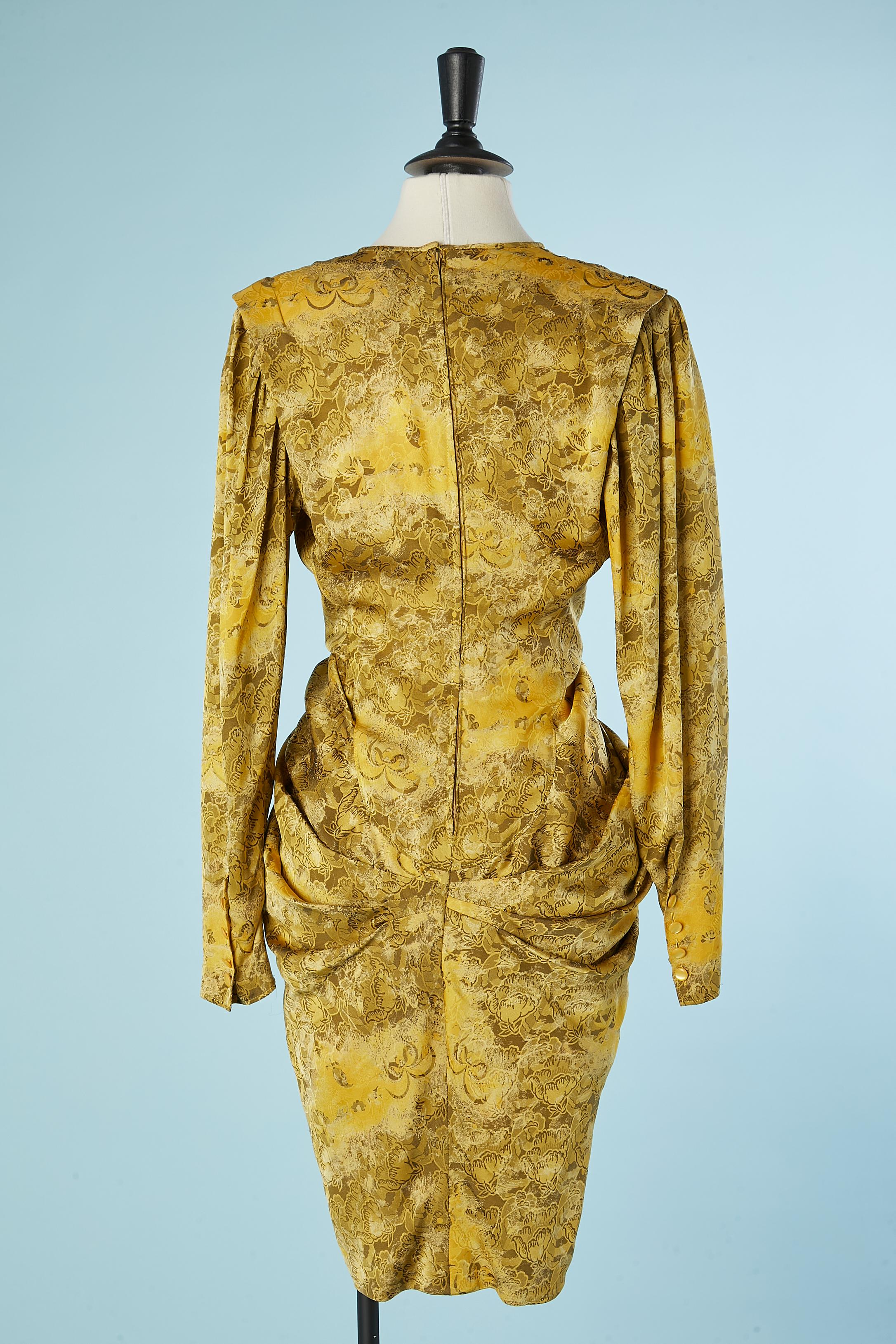 Yellow and kaki silk jacquard drape cocktail dress Emanuel Ungaro For Sale 1