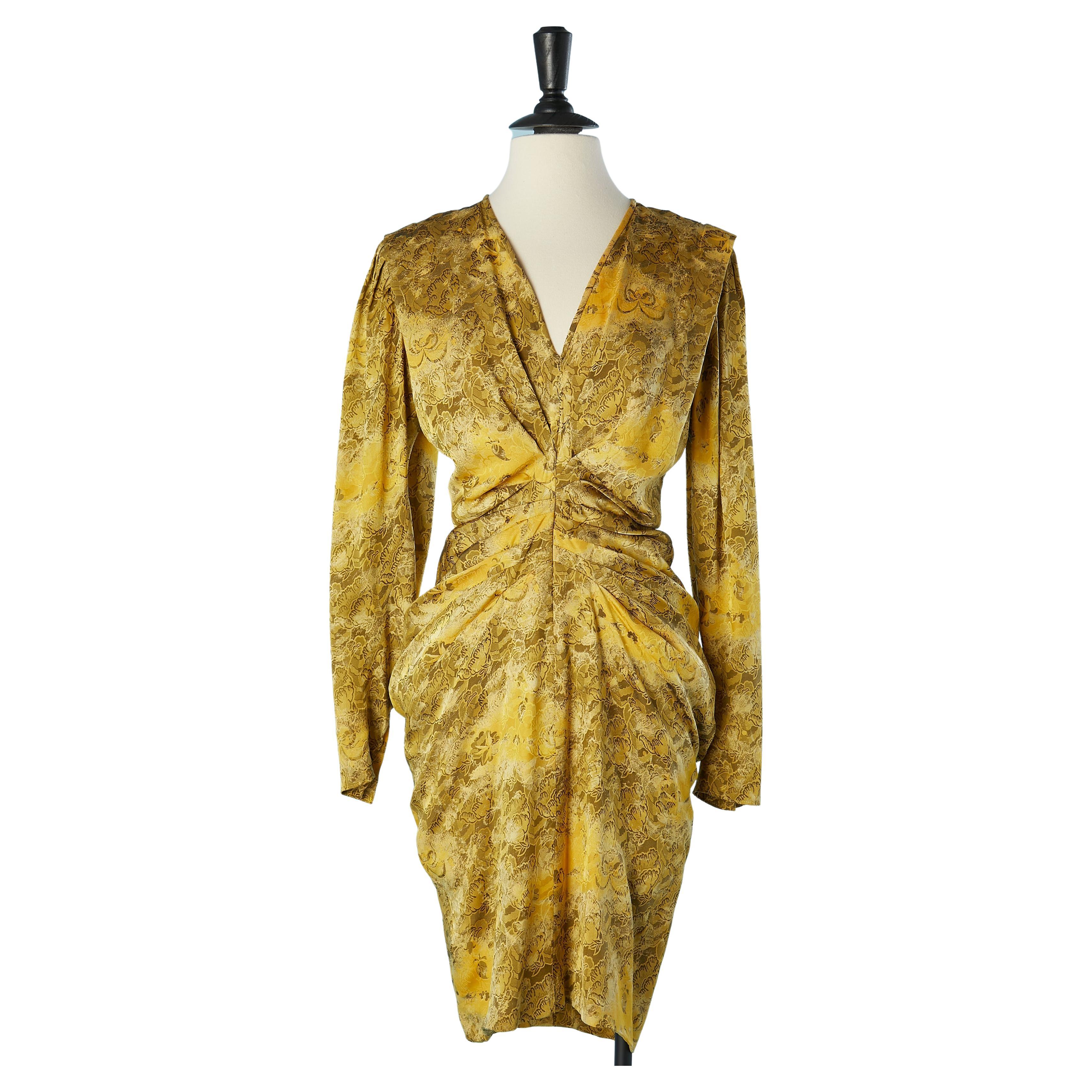 Yellow and kaki silk jacquard drape cocktail dress Emanuel Ungaro For Sale