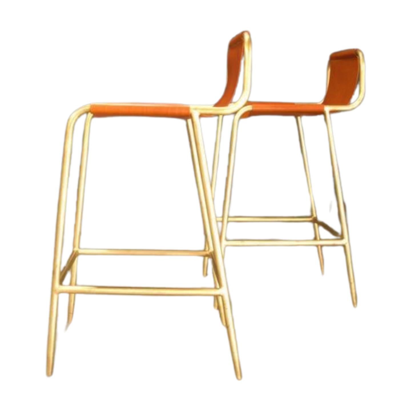 Modern Yellow and Leather Bill Amberg Counter Stools with Solid Brass, Set of 4 For Sale