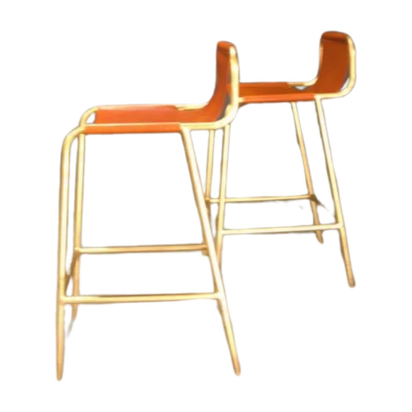 British Yellow and Leather Bill Amberg Counter Stools with Solid Brass, Set of 4 For Sale