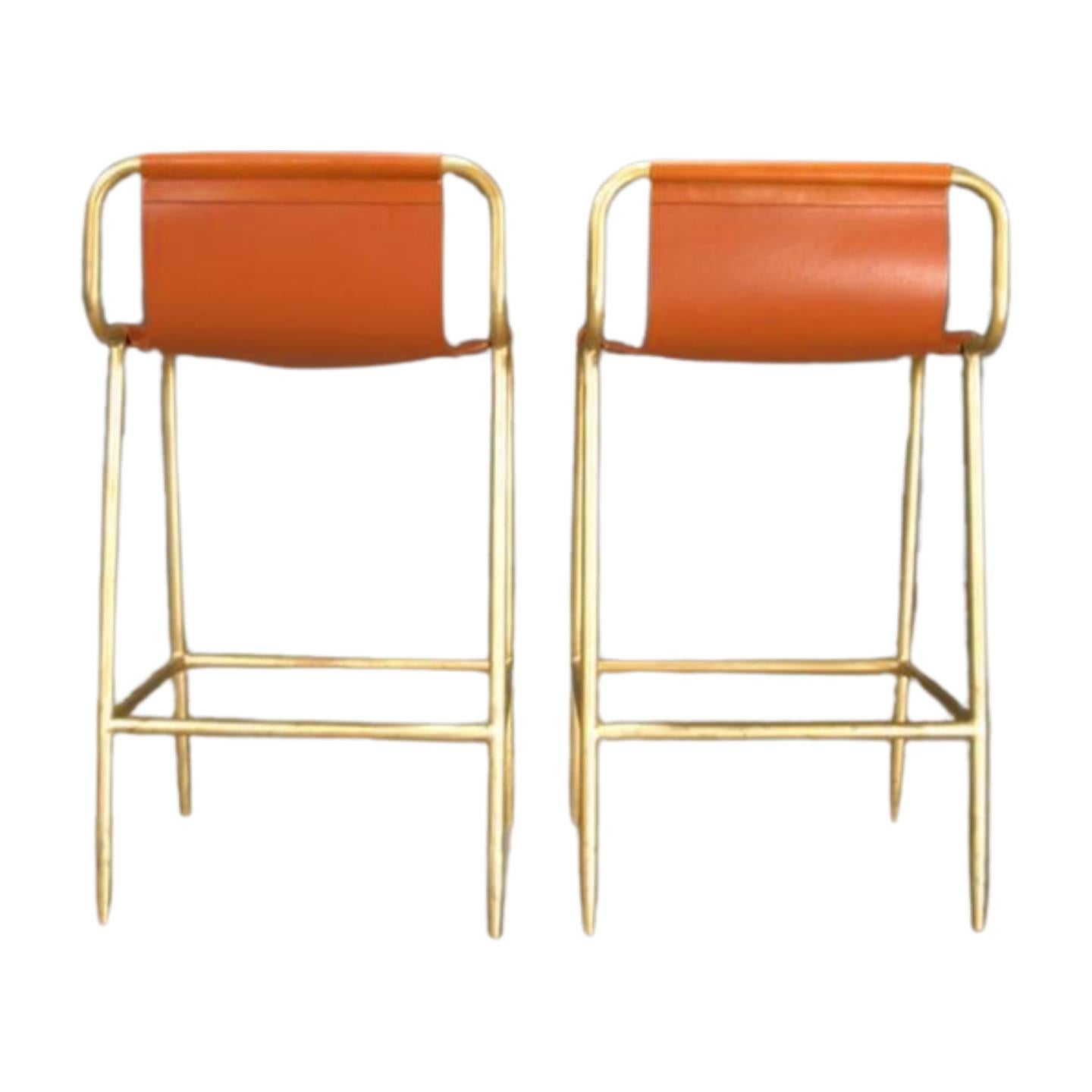 Yellow and Leather Bill Amberg Counter Stools with Solid Brass, Set of 4 In Good Condition For Sale In Basildon, London