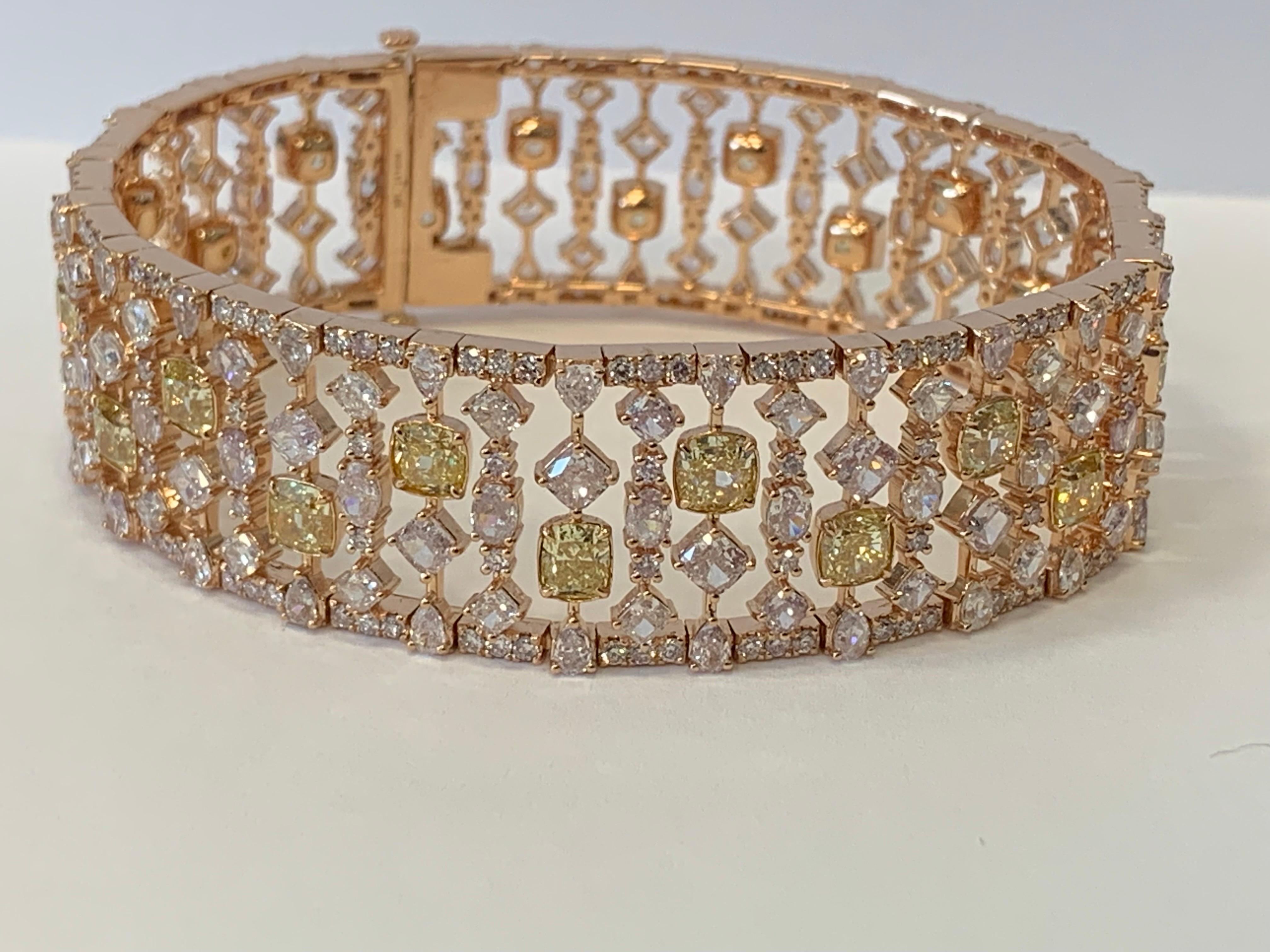 Cushion Cut Yellow and Light Diamond Bracelet Set in 18K Rose Gold