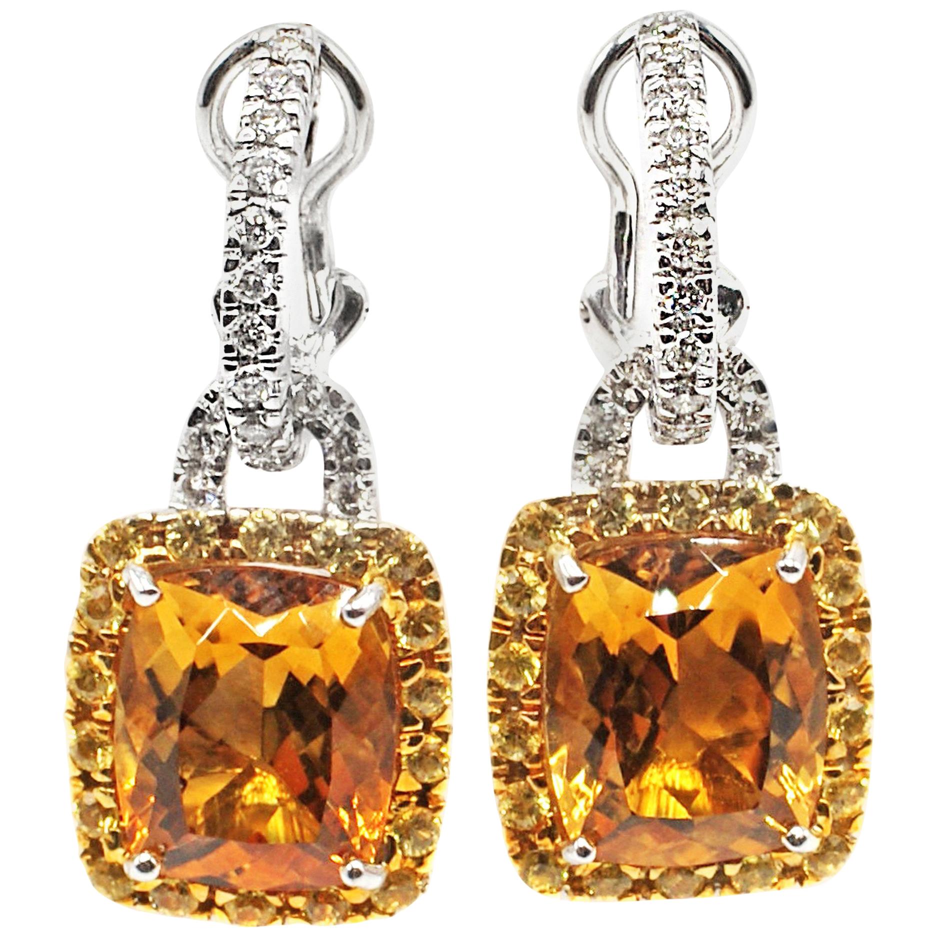 Yellow and Orange Citrine Diamond 18 Karat White Gold Dangling Earrings For Sale