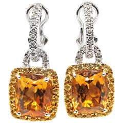 Yellow and Orange Citrine Diamond 18 Karat White Gold Dangling Earrings